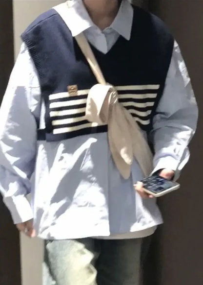 Black Striped Patchwork Knit Shawl and Light Blue Shirt Two Piece Set Long Sleeve