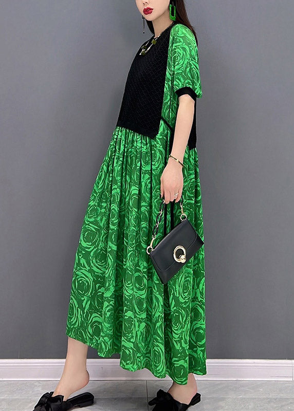 Green O-neck Print Waistcoat Patchwork Holiday Dress Short Sleeve