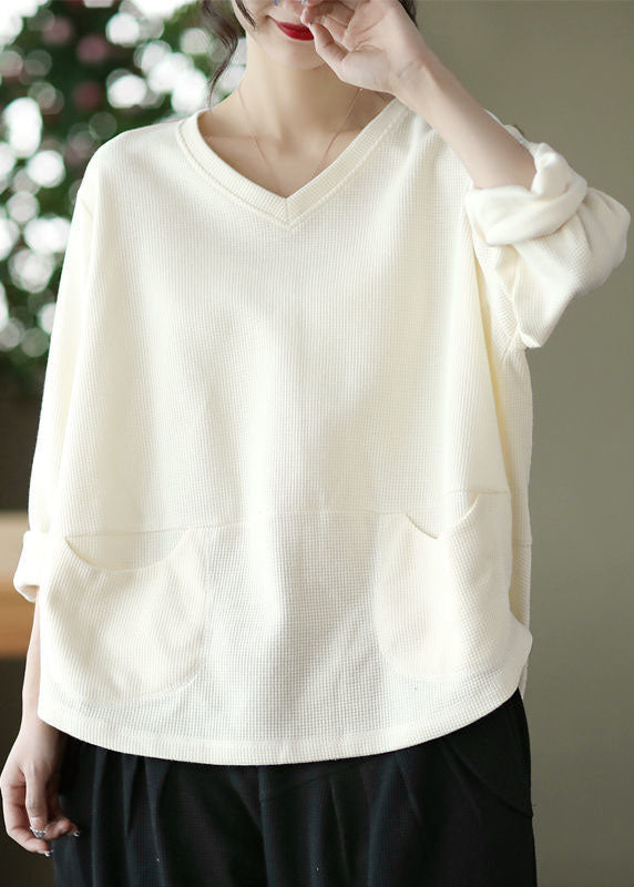 Black V Neck Pockets Patchwork Cotton Sweatshirts Top Long Sleeve