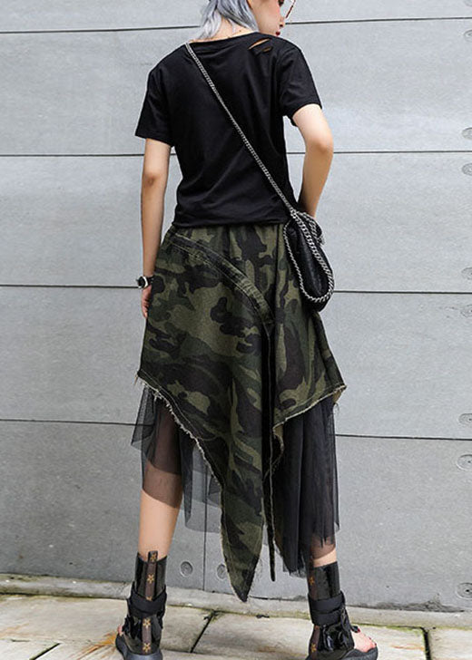 Italian Camouflage High Waist Denim Patchwork Tulle Asymmetrical Design Fall Skirts