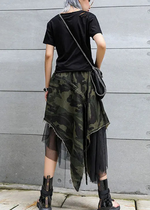 Italian Camouflage High Waist Denim Patchwork Tulle Asymmetrical Design Fall Skirts