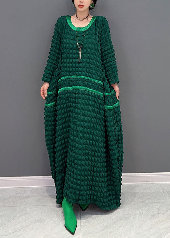 Italian Green O-neck Loose Wrinkled Silk Dresses Spring