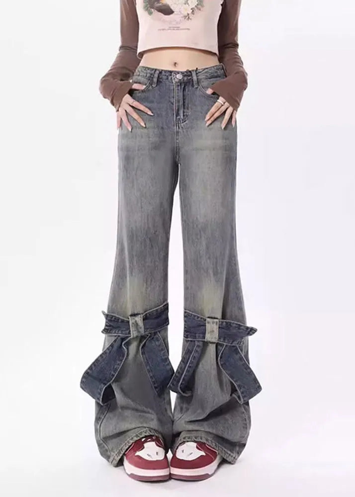 Stylish Blue Pockets High Waist Denim Flared Trousers Spring