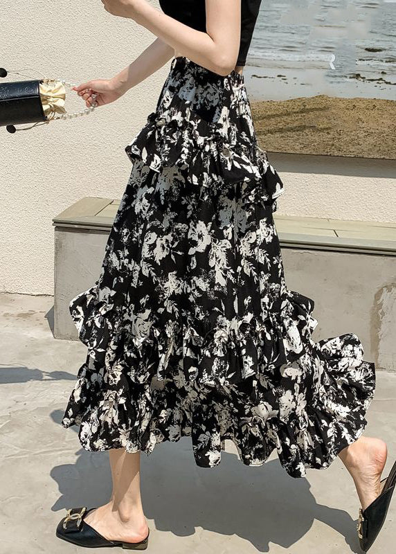 Black Ruffled Print Side Open Chiffon Skirts Spring