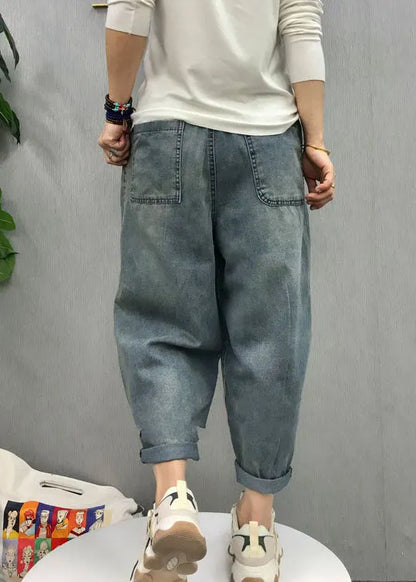 Blue Elastic Waist Patch Applique Denim Pants Spring