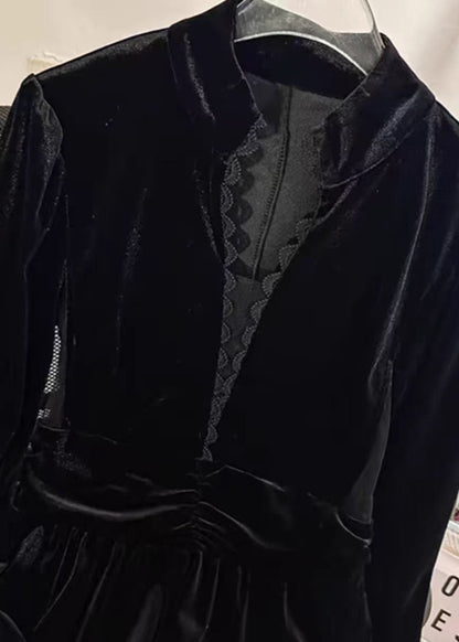 Black Stand Collar Patchwork Slim Fit Velour Dresses Spring