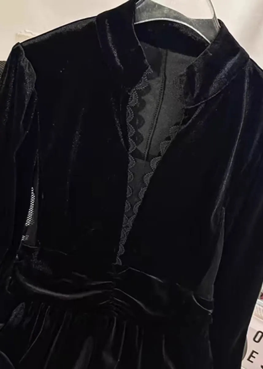 Black Stand Collar Patchwork Slim Fit Velour Dresses Spring