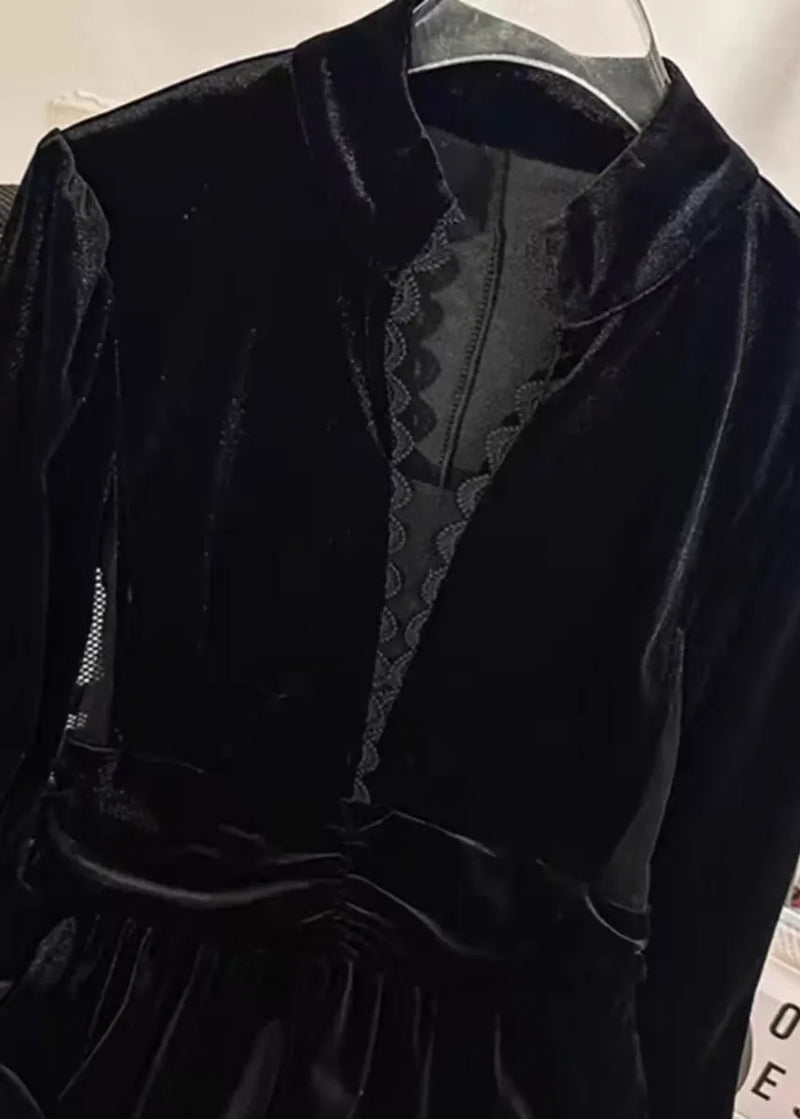 Black Stand Collar Patchwork Slim Fit Velour Dresses Spring