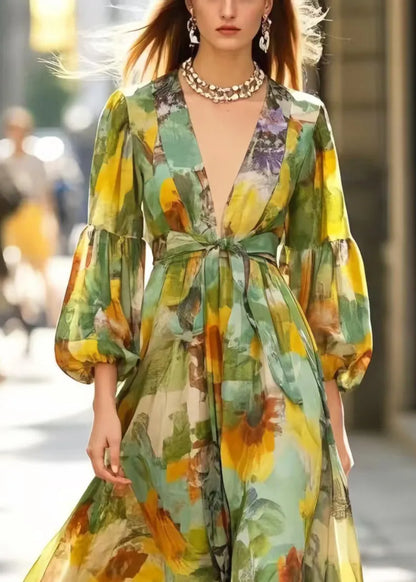 Silm Fit Grass Green V Neck Print Cotton Maxi Dresses Spring