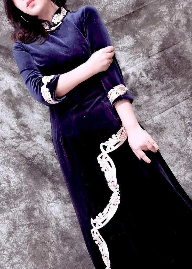 Blue Stand Collar Embroideried Asymmetrical Top and Wide Leg Pants Silk Velour Two Piece Set Spring