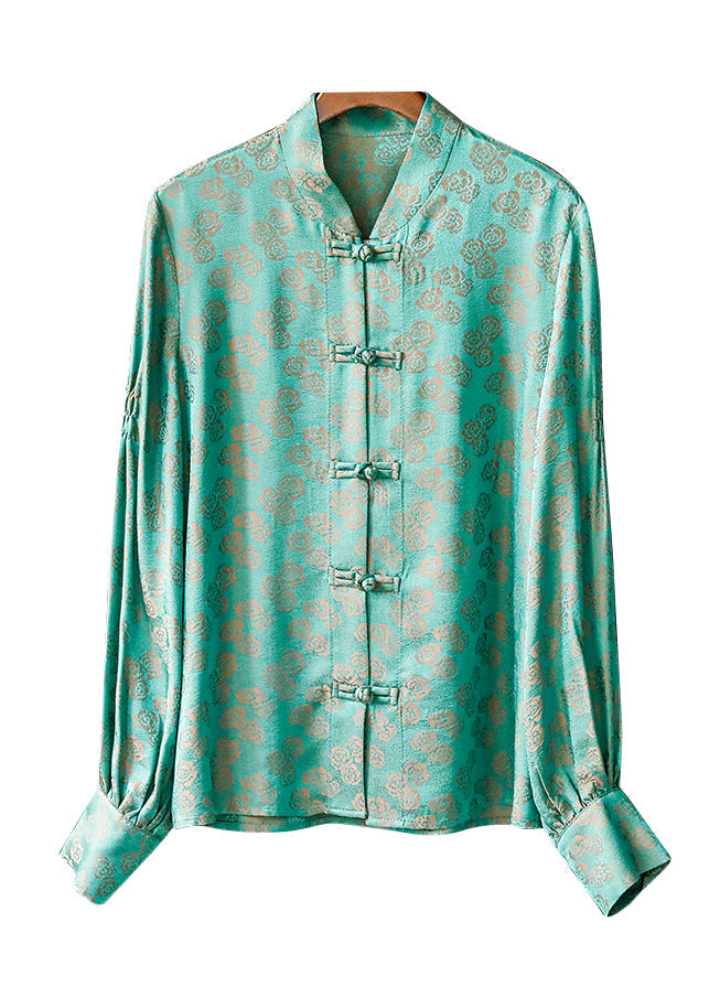 Peacock Green Mandarin Collar Button Jacquard Shirt Tops Long Sleeve Spring