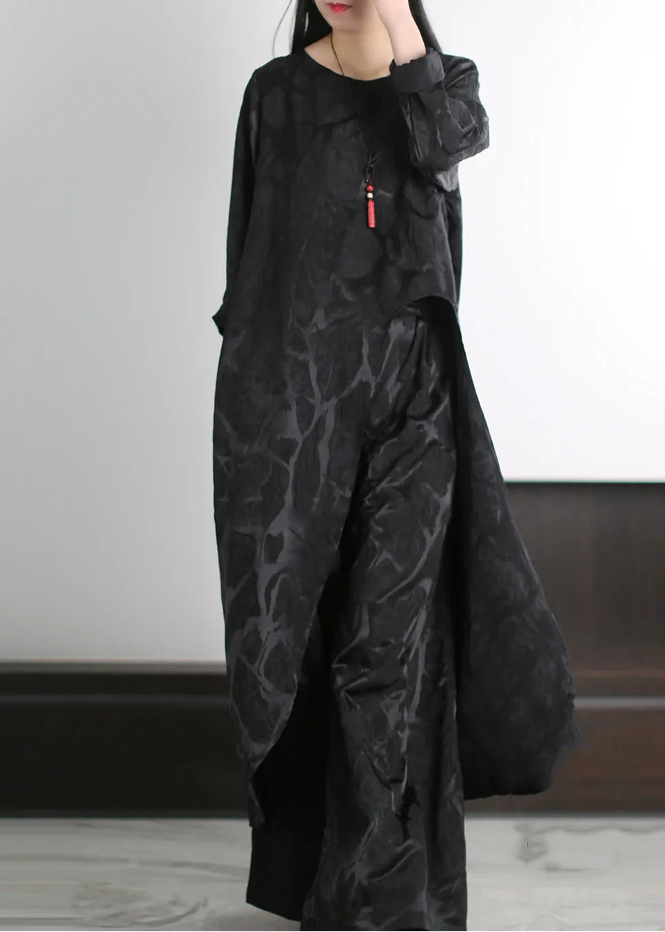 Diy Black Oversized Side Open Silk Two Pieces Set Spring