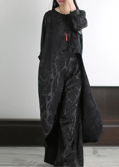 Diy Black Oversized Side Open Silk Two Pieces Set Spring