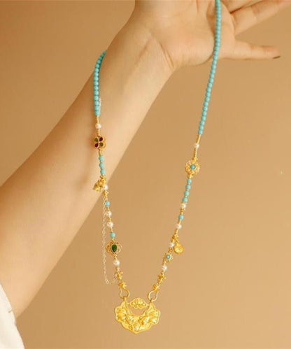 Diy Gold Sterling Silver Overgild Turquoise Pearl Inlaid Gem Stone Pendant Necklace