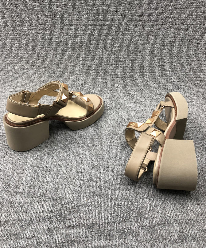 Camel Rivet Chunky Cowhide Leather Sandals
