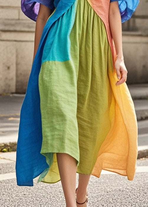 Colorblock Puff Sleeve Patchwork Wrinkled Cotton Long Dresses