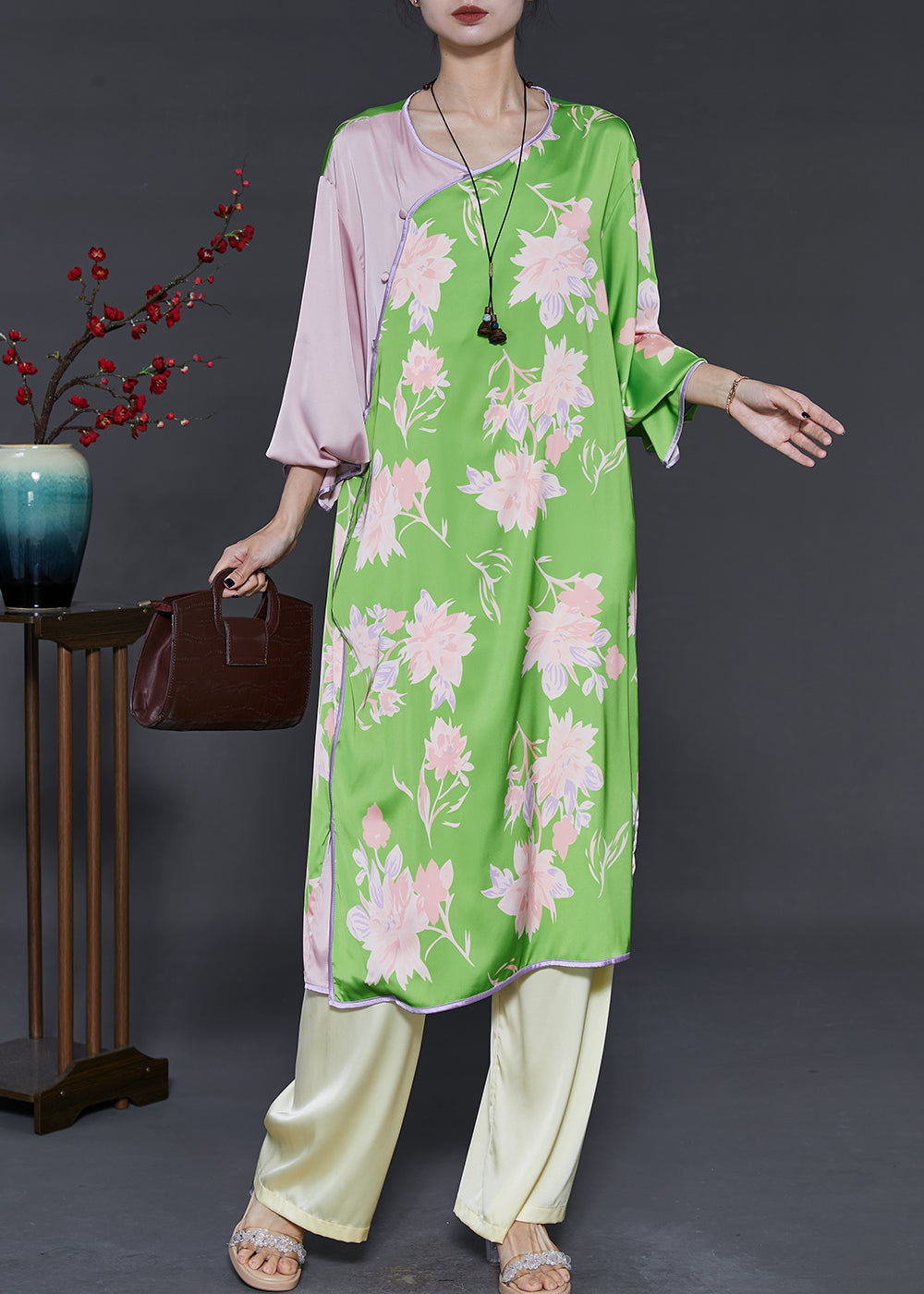 Green Print Patchwork Silk Two Pieces Set Summer