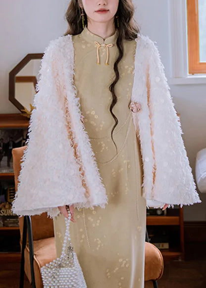 Art White Bow Sequins Teddy Faux Fur Cape Coats Batwing Sleeve