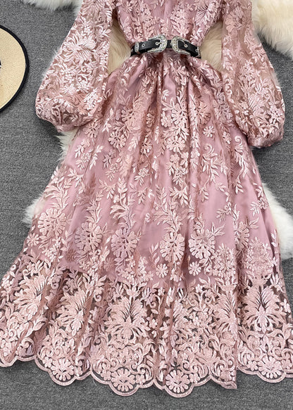 Pink O-neck Embroideried Tunic Sashes Tulle Maxi Dress Lantern Sleeve