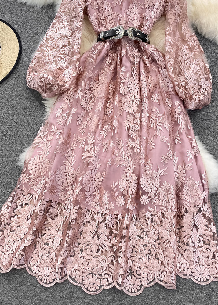 Pink O-neck Embroideried Tunic Sashes Tulle Maxi Dress Lantern Sleeve