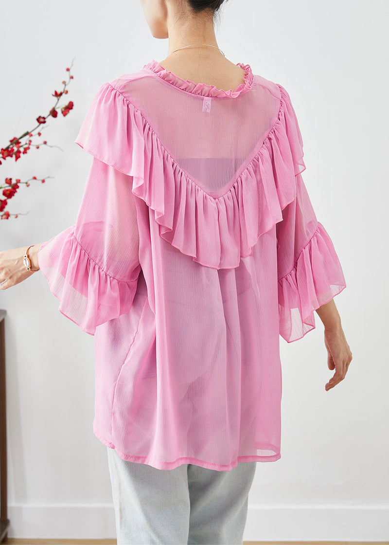 Pink Oversized Patchwork Ruffles Chiffon Top Fall