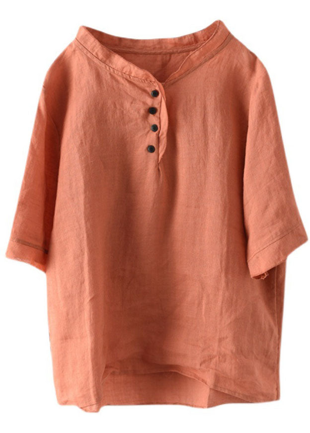 Orange V Neck Button Cotton Shirt Half Sleeve