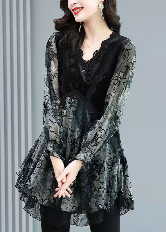 Slim Fit Black V Neck Velour Patchwork Layered Chiffon Tops Long Sleeve