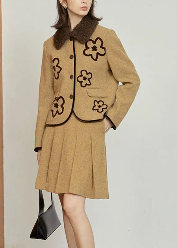 Ginger Peter Pan Collar Woolen Coat and Skirts Two Pieces Set Long Sleeve