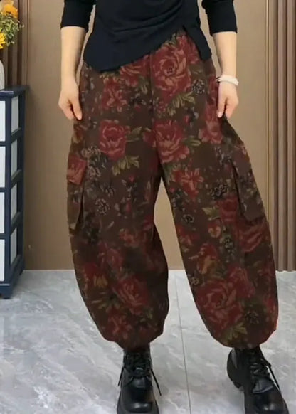 Coffee Pockets Print Elastic Waist Cotton Pants Spring