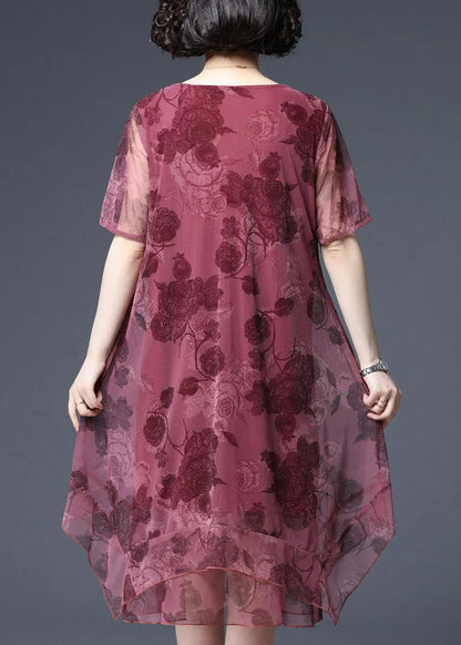 Red O-neck Print Tulle Vacation Dress Short Sleeve