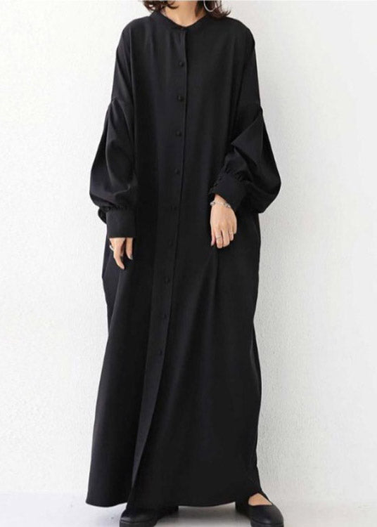 Vogue Black O-neck Button Maxi Dress Long Sleeve