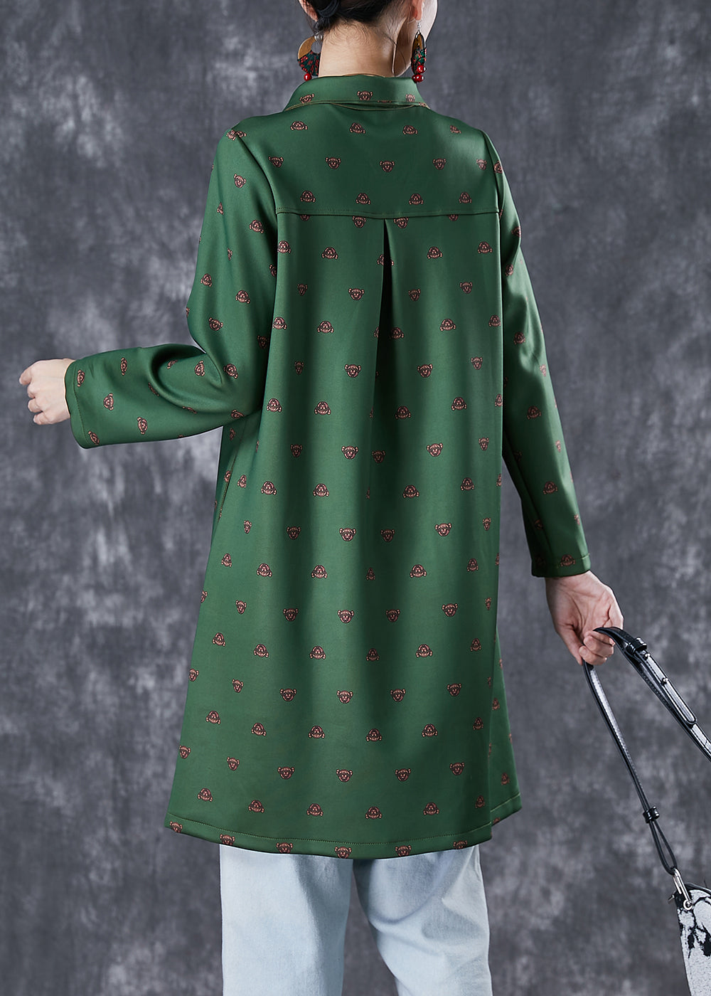Dull Green Peter Pan Collar Print Cotton Dress Fall