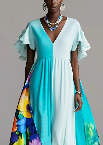 Blue Exra Large Hem Patchwork Silk Vestidos Dress Petal Sleeve