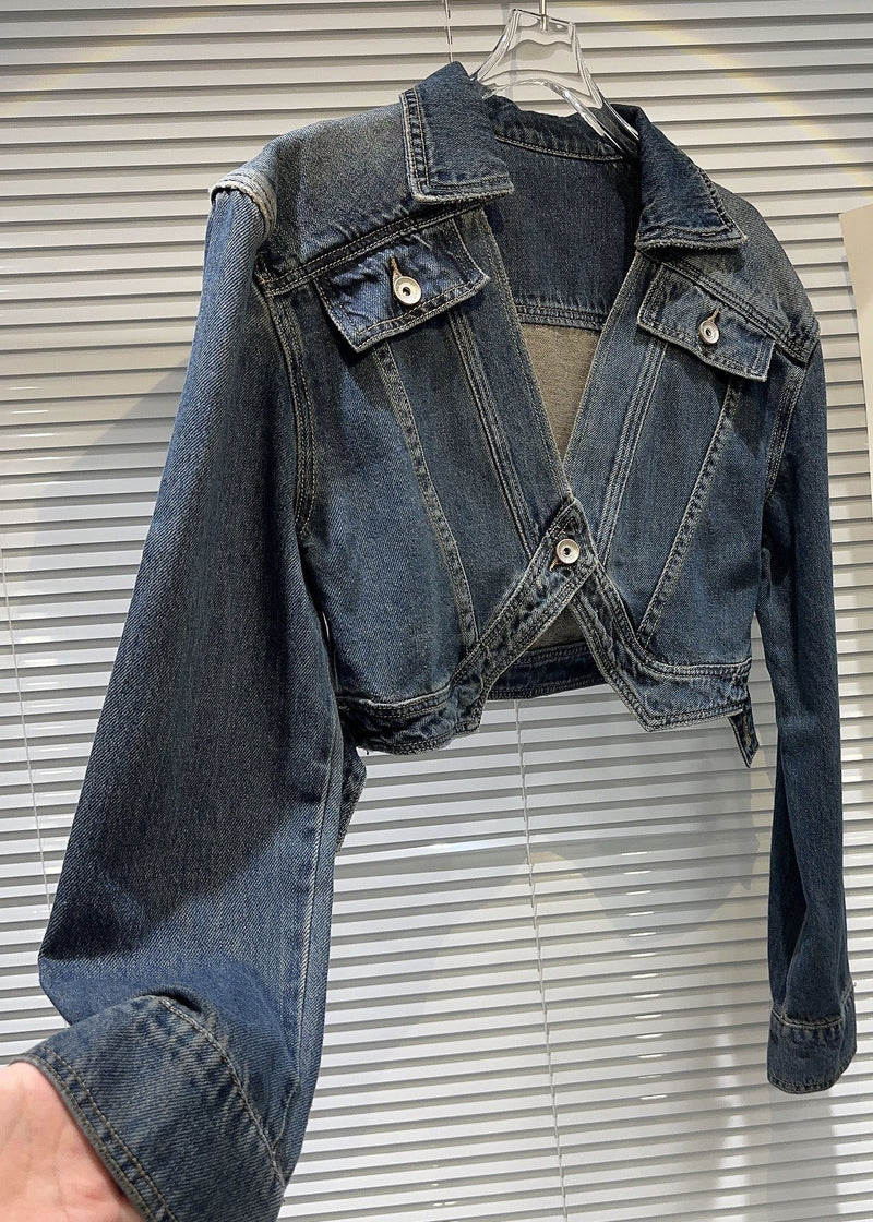 Navy Peter Pan Collar Patchwork Button Denim Coats