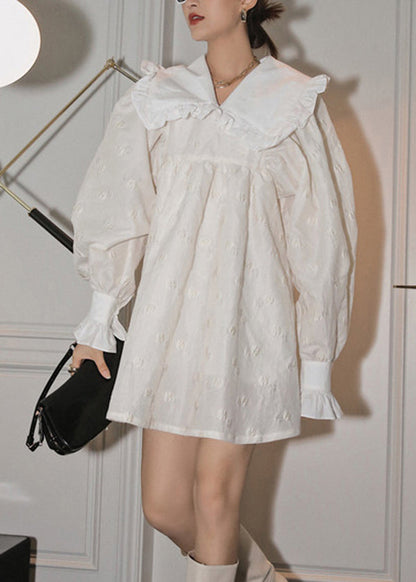 Modern White Wrinkled Peter Pan Collar Jacquard Dresses Flare Sleeve