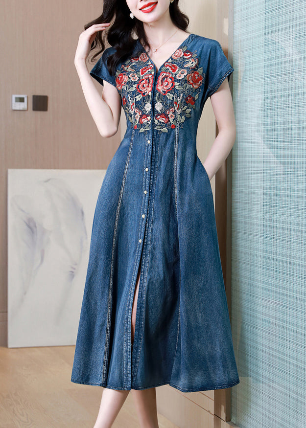 New Blue V Neck Embroideried Patchwork Denim Dress Summer