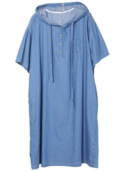 Classy Blue Hooded Button Denim Dress Summer