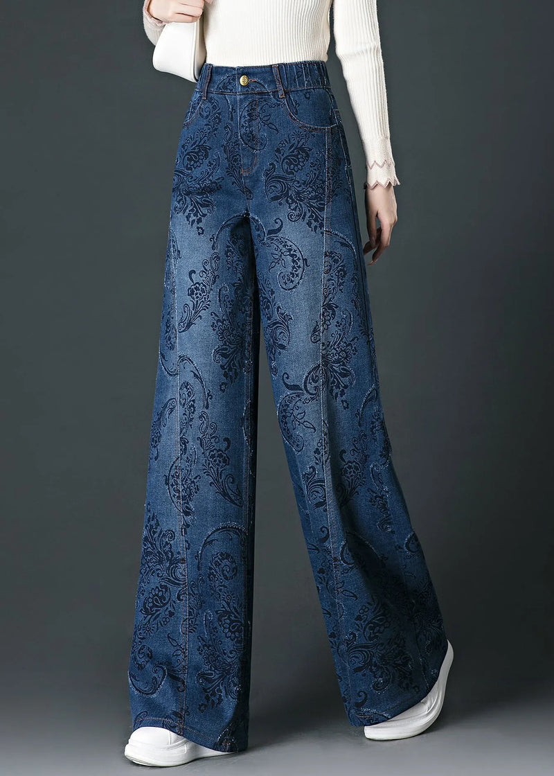 Blue Pockets Print High Waist Wide Leg Jeans Fall