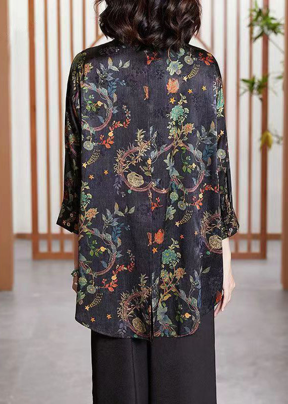 Navy Print Button Patchwork Silk Shirt Tops Fall