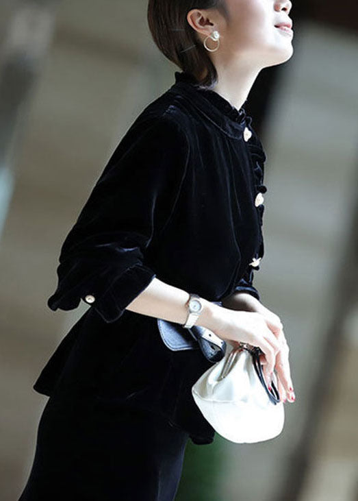 Red Stand Collar Ruffled Button Silk Velour Shirt Top Long Sleeve