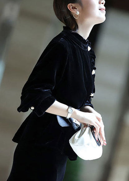 Red Stand Collar Ruffled Button Silk Velour Shirt Top Long Sleeve