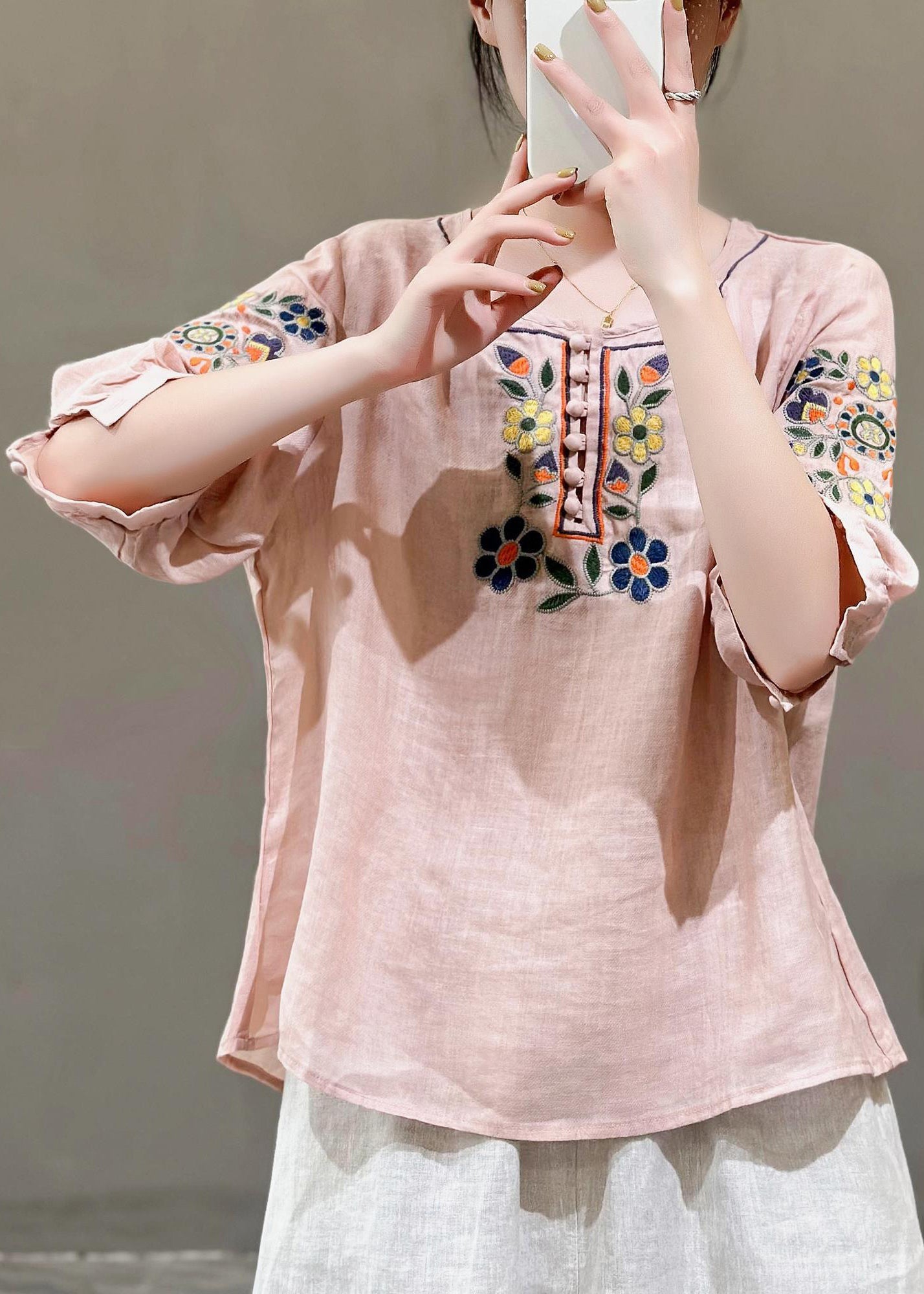 Style Rose O-neck Embroideried Linen Shirt Tops Summer