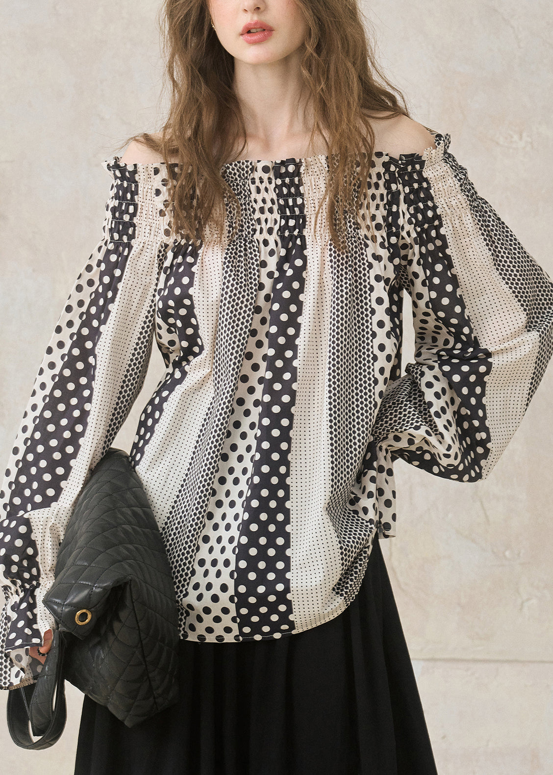 Italian Black Slash Neck Print Cotton Shirts Flare Sleeve