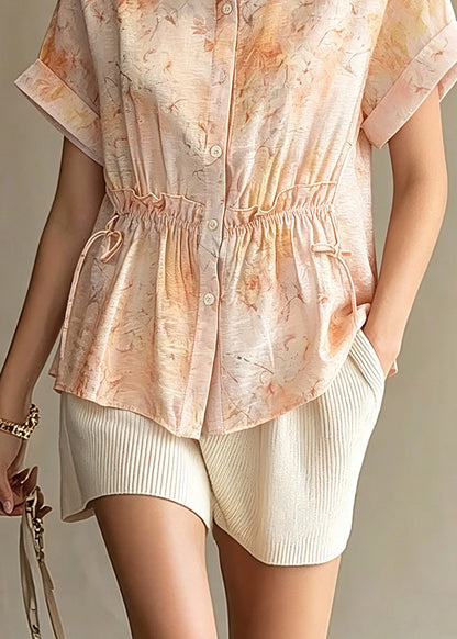 Diy Orange Peter Pan Collar Print Cinched Chiffon Shirts Summer