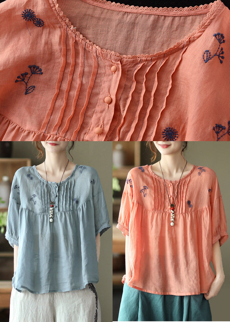 Orange O-neck Embroideried Linen Tops Half Sleeve