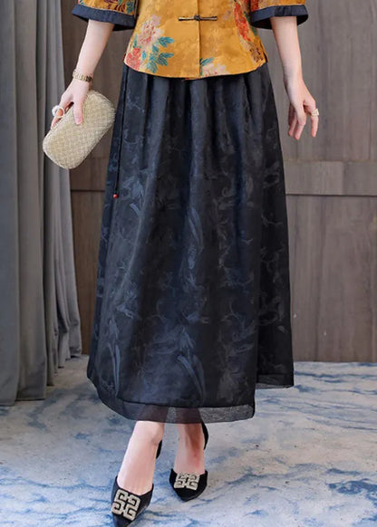 Retro Yellow Oriental Stand Collar Print Silk Tops and Skirts Two Pieces Set Half Sleeve
