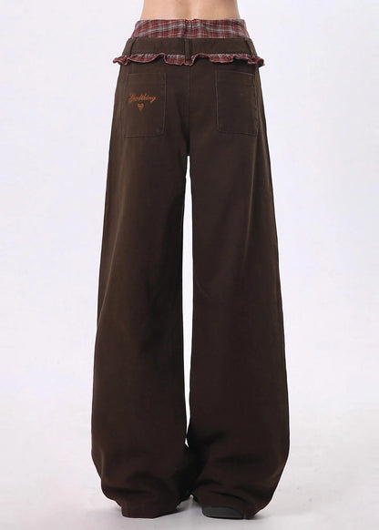 Unique Brown Ruffled Patchwork Cotton Pants Spring