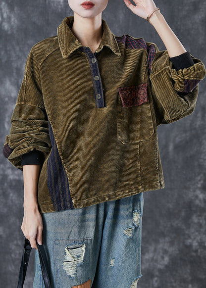Green Oversized Patchwork Corduroy Sweatshirts Top Spring