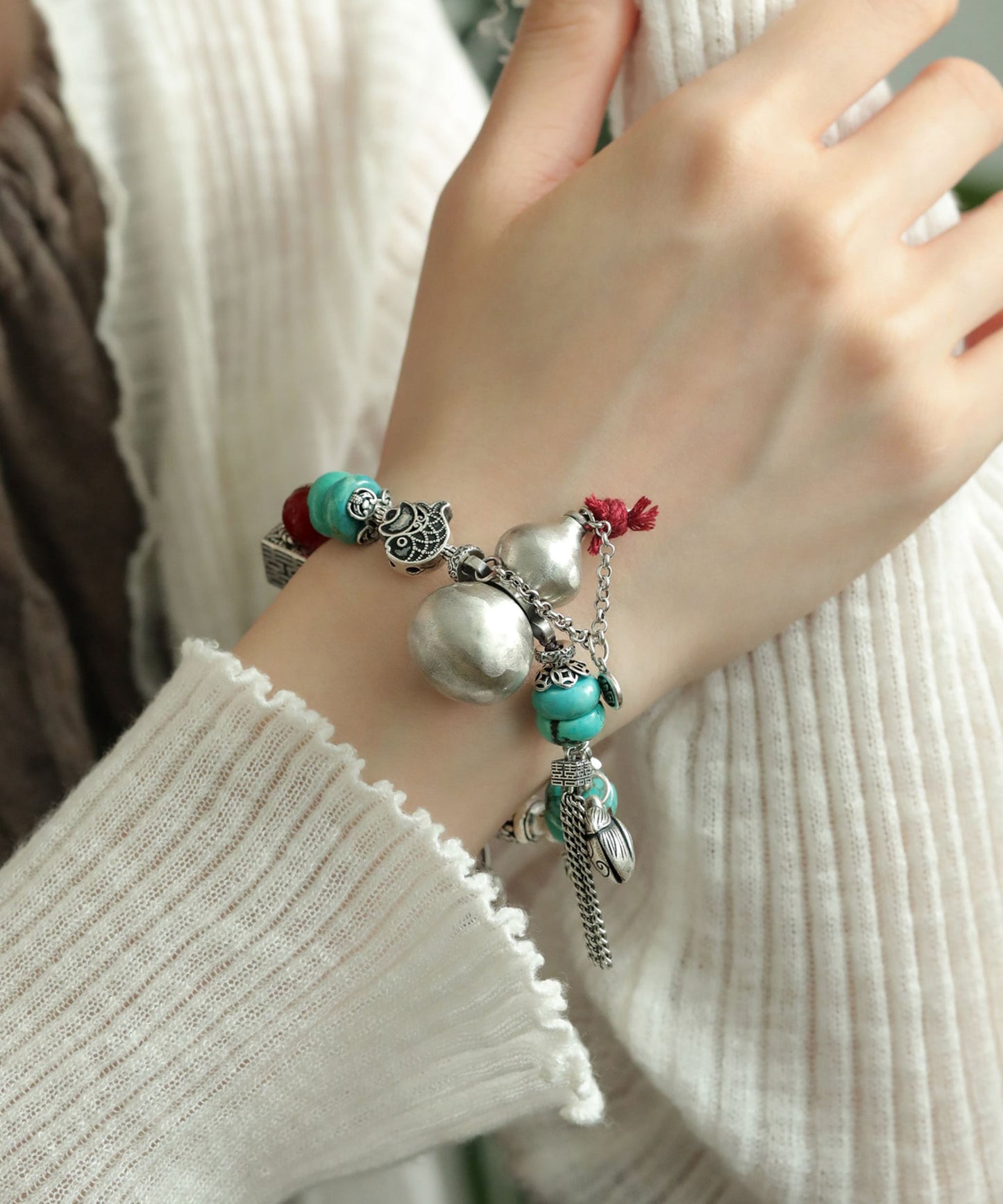 Silk Sterling Silver Calabash Turquoise Charm Bracelet