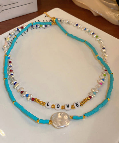 Blue Alloy Acrylic Pearl Bilayer Beading Gratuated Bead Necklace